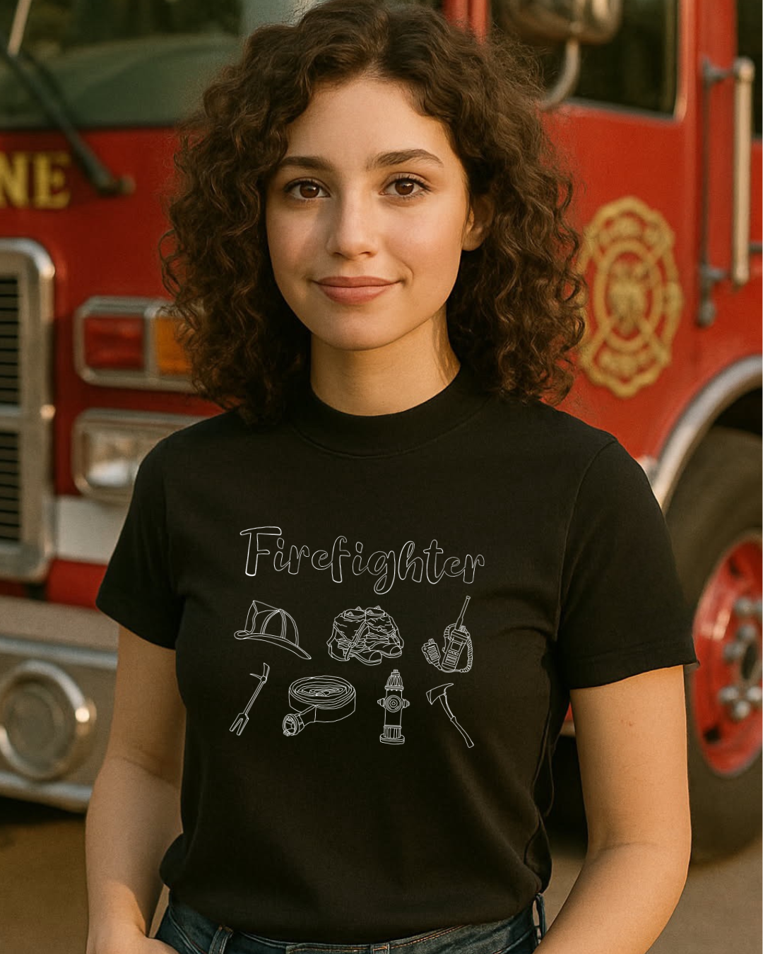 Firefighter Line art with Title | Unisex Tee | Black-zoom-2